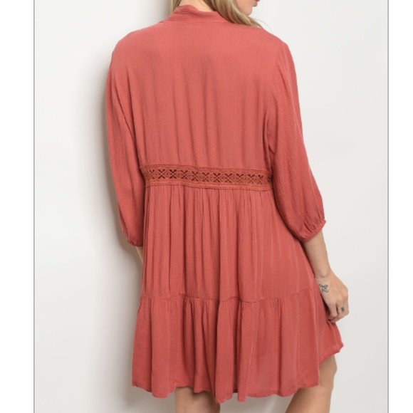 1 LEFT SZ M Dusty Rose Bow Neck Boho Peasant Dress - Picture 2 of 5